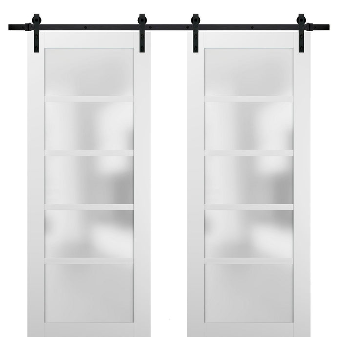 Sliding Double Barn Doors Frosted Glass | Quadro 4002 | White Silk - 6 ft Railing) Black Rail / 36’’ x 80’’ (2* 18x80)