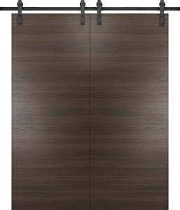 Sturdy Double Barn Door with Hardware | Planum 0010 | Chocolate Ash - 6 ft Railing) Black Rail / 36’’ x 80’’ (2* 18x80)