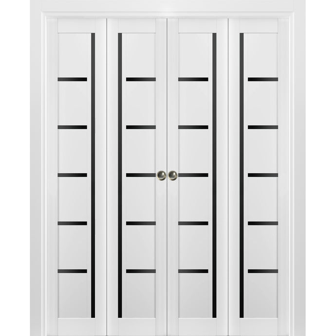 Sliding Closet Double Bi-fold Doors | Quadro 4588 | White Silk with Black Glass - 72’’ x 80’’ (4* 18x80) - Home