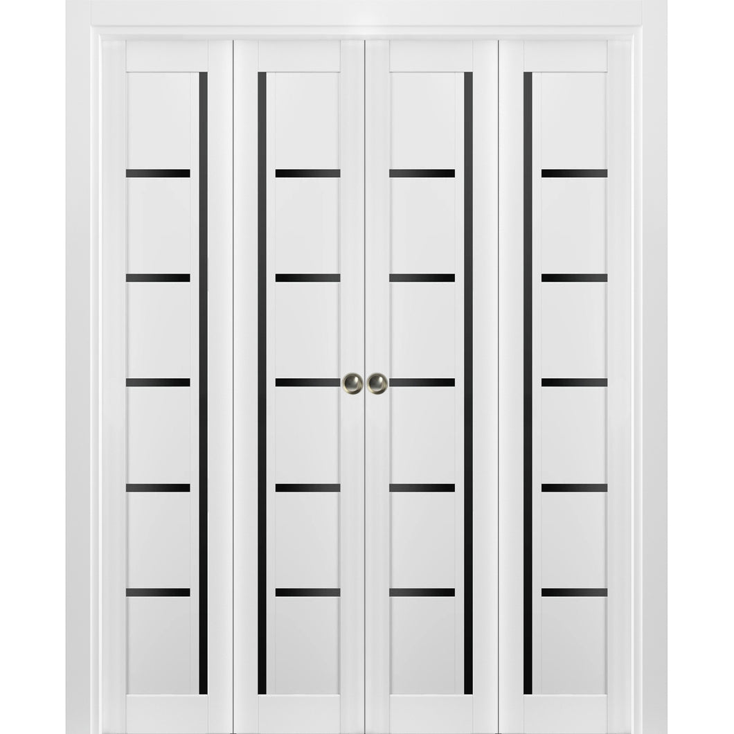 Sliding Closet Double Bi-fold Doors | Quadro 4588 | White Silk with Black Glass - 72’’ x 80’’ (4* 18x80) - Home