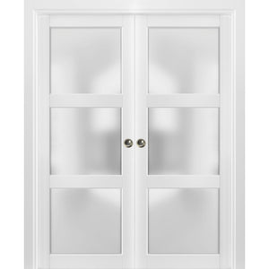 French Double Pocket Doors Frosted Glass | Lucia 2552 | White Silk