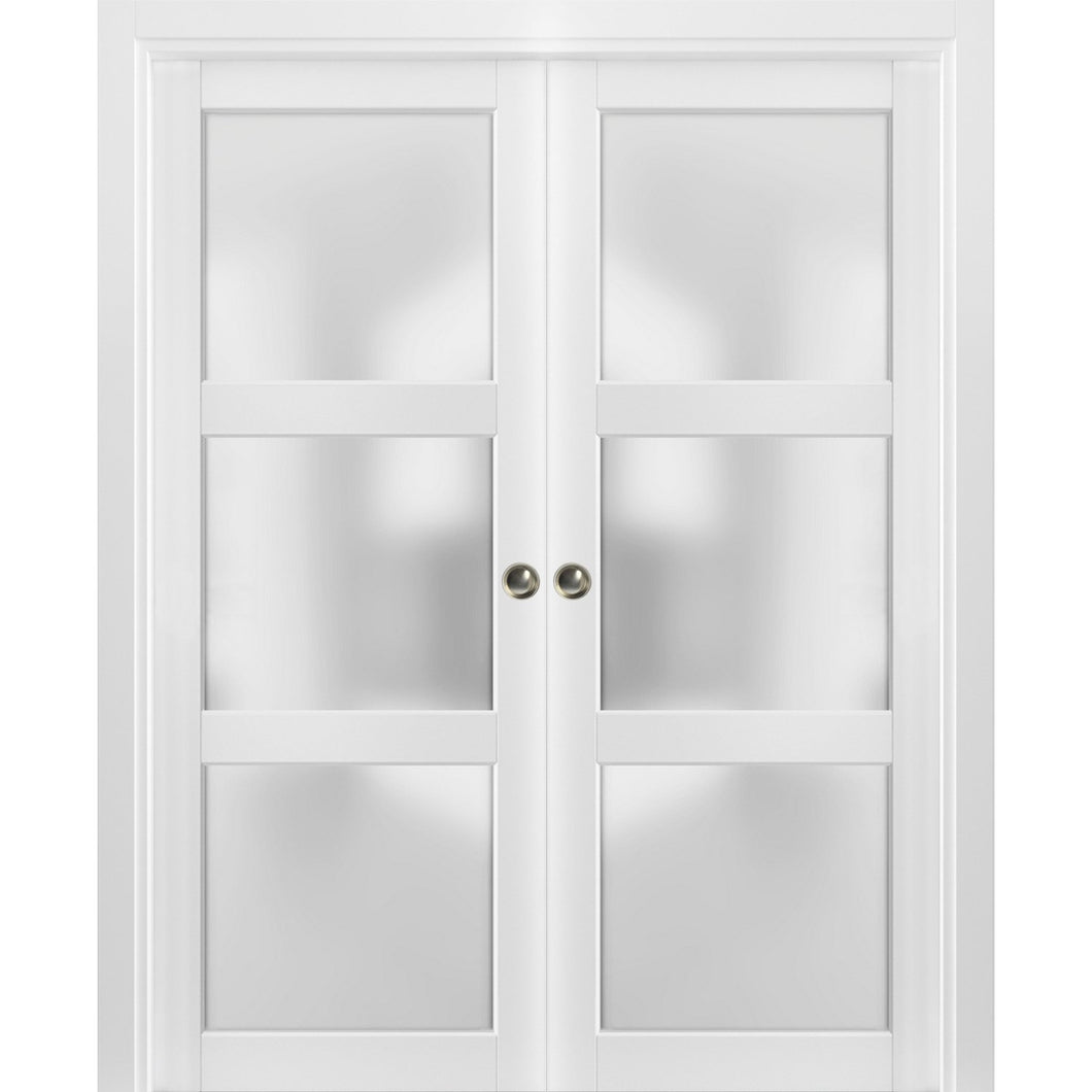 French Double Pocket Doors Frosted Glass | Lucia 2552 | White Silk