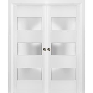 Sliding French Double Pocket Doors Frosted Glass | Lucia 4070 | White Silk
