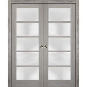 Sliding French Double Pocket Doors Frosted Glass | Quadro 4002 | Grey Ash