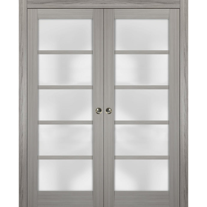 Sliding French Double Pocket Doors Frosted Glass | Quadro 4002 | Grey Ash