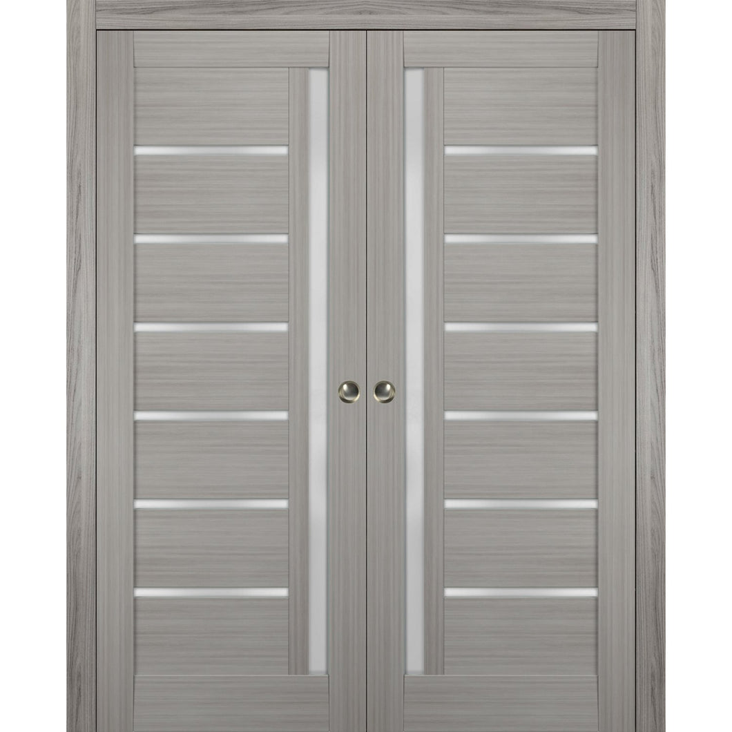 Sliding French Double Pocket Doors Frosted Glass | Quadro 4088 | Grey Ash