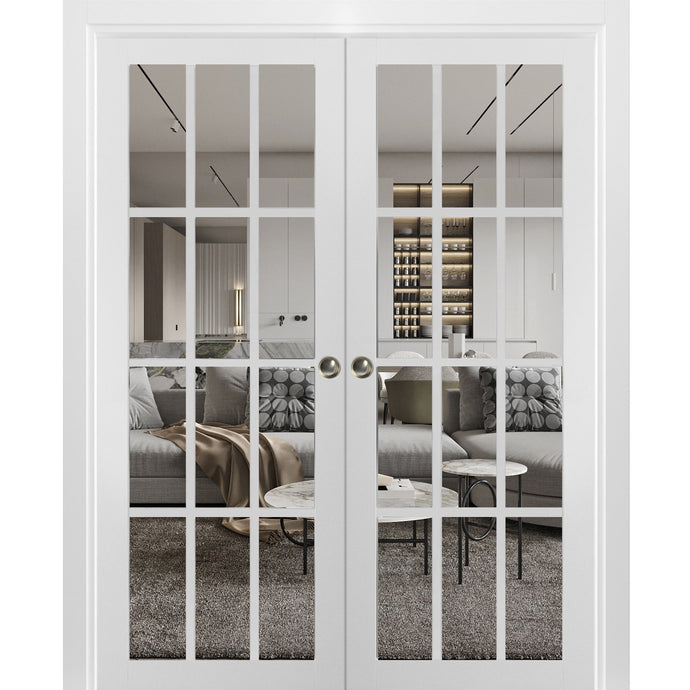 Sliding French Double Pocket Doors | Clear Glass | Felicia 3355 | White Matte