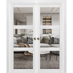 Sliding French Double Pocket Doors Clear Glass | Lucia 2555 | Matte White