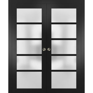 Sliding French Double Pocket Doors Frosted Glass | Quadro 4002 | Black Matte