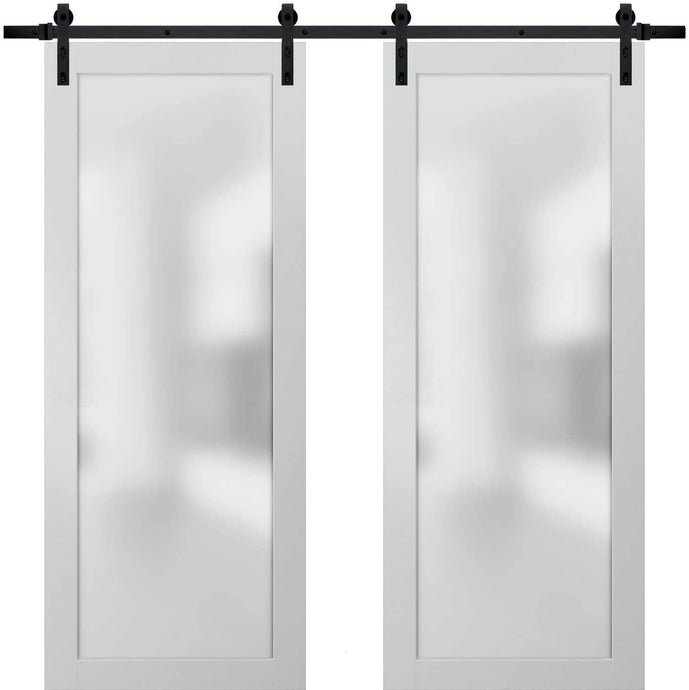 Sturdy Double Barn Door | Frosted Glass | Planum 2102 | White Silk - 6 ft Railing) Black Rail / 36’’ x 80’’ (2*