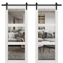 Load image into Gallery viewer, Sturdy Double Barn Door | Clear Glass | Lucia 2555 | White Silk - 6 ft Railing) Black Rail / 36’’ x 80’’ (2*