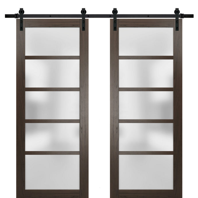 Sturdy Double Barn Door Frosted Glass | Quadro 4002 | Chocolate Ash - 6 ft Railing) Black Rail / 36’’ x 80’’