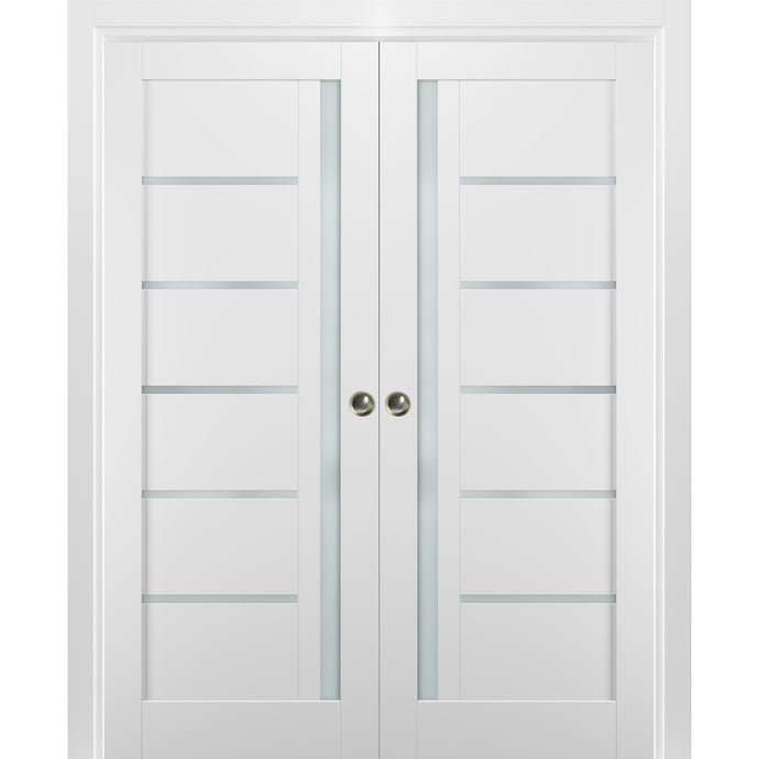 Sliding French Double Pocket Doors | Quadro 4088 | White Silk - Frosted Glass) 36’’ x 80’’ (2* 18x80) - Home