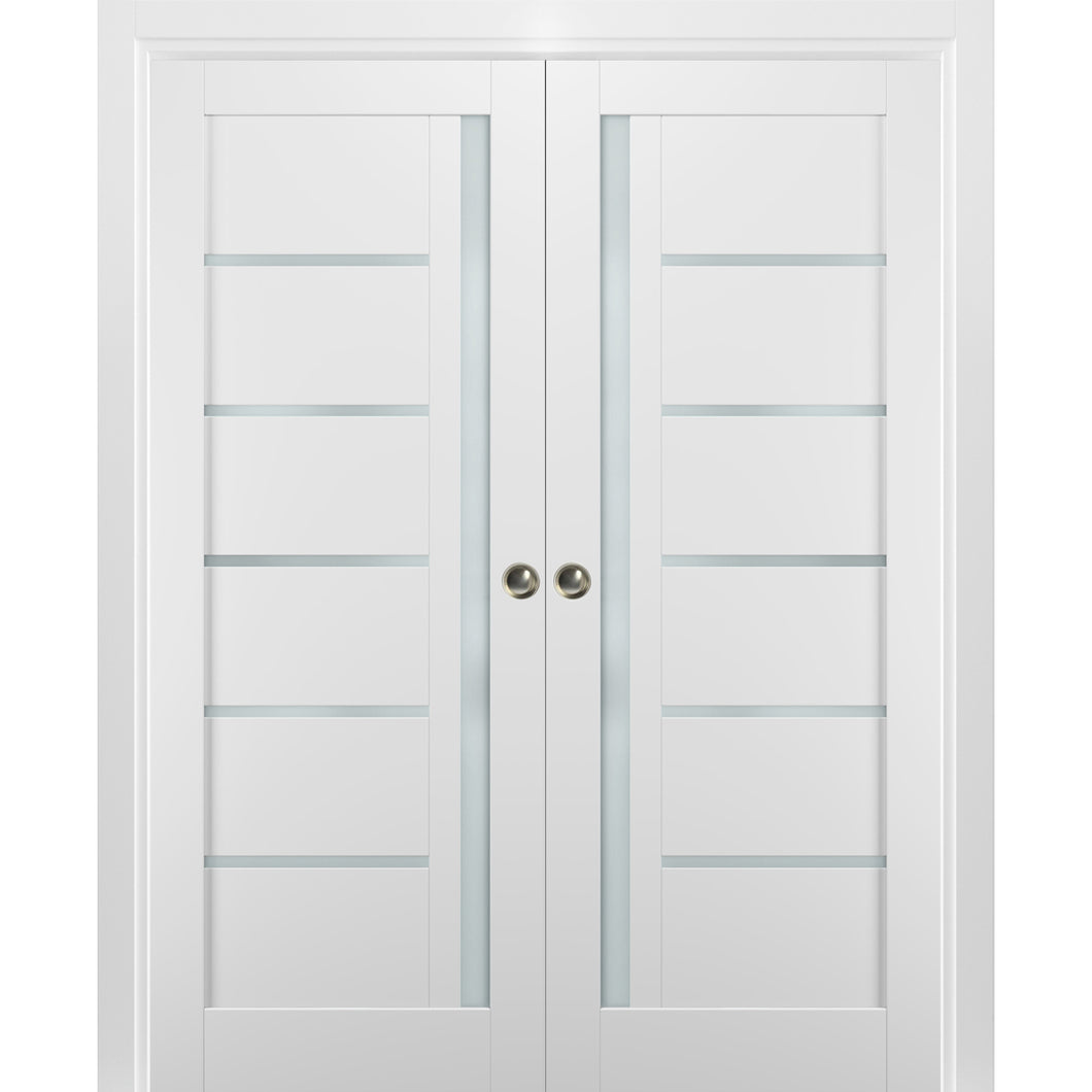Sliding French Double Pocket Doors | Quadro 4088 | White Silk
