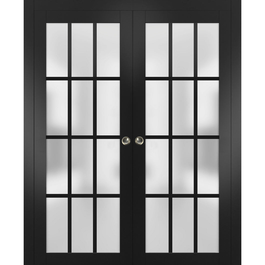 Sliding French Double Pocket Doors Frosted Glass 12 Lites | Felicia 3312 | Matte Black