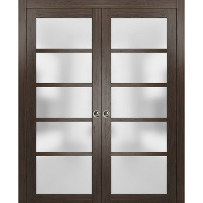 Sliding French Double Pocket Doors Frosted Glass | Quadro 4002 | Chocolate Ash - 36’’ x 80’’ (2* 18x80) - Home