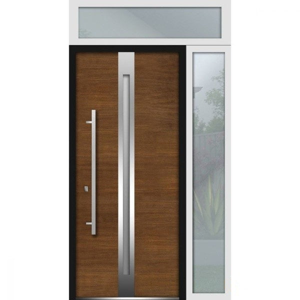 Front Exterior Prehung Steel Door | Top & Right Side White Glass | Deux 1744 | Natural Oak - 36 + 12’’ x 80