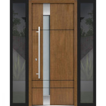 Load image into Gallery viewer, Front Exterior Prehung Steel Door | Left &amp; Right Black Glass | Deux 1713 | Natural Oak - 12 + 36 + 12’’ x 80