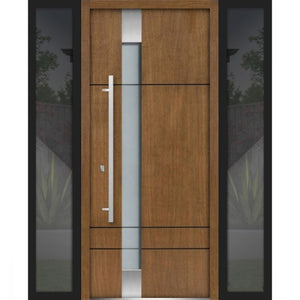 Front Exterior Prehung Steel Door | Left & Right Black Glass | Deux 1713 | Natural Oak - 12 + 36 + 12’’ x 80