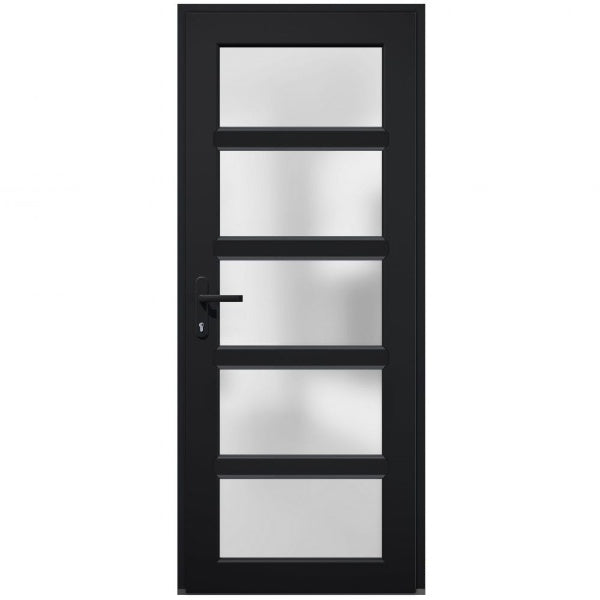 Front Exterior Prehung Metal-Plastic Door Frosted Glass | Manux 8002 | Matte Black - Right-hand Inswing / W36’’ x