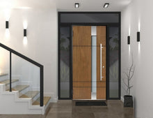 Load image into Gallery viewer, Front Exterior Prehung Steel Door | Top, Left &amp; Right Side Black Glass | Deux 1713 | Natural Oak