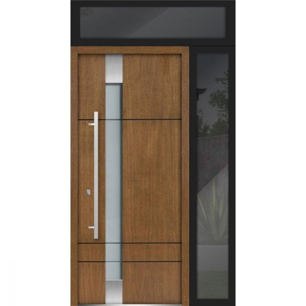 Front Exterior Prehung Steel Door | Top & Right Side Black Glass | Deux 1713 | Natural Oak - 36 + 12’’ x 80