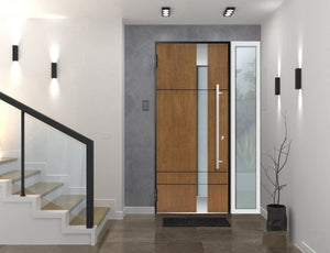 Front Exterior Prehung Steel Door | Left Side White Glass | Deux 1713 | Natural Oak - Home Doors