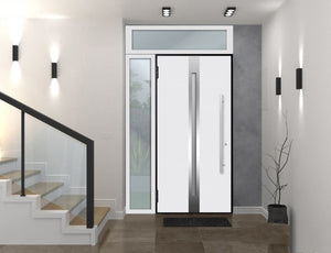 Front Exterior Prehung Steel Door | Top & Right Side White Glass | Deux 1744 | Natural Oak