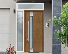 Load image into Gallery viewer, Front Exterior Prehung Steel Door | Top &amp; Left Side White Glass | Deux 1713 | Natural Oak