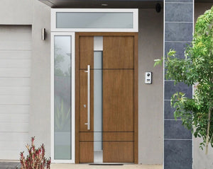 Front Exterior Prehung Steel Door | Top & Left Side White Glass | Deux 1713 | Natural Oak