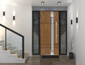 Front Exterior Prehung Steel Door | Left & Right Black Glass | Deux 1713 | Natural Oak - Home Doors