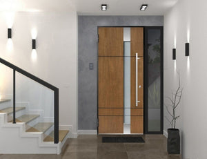 Front Exterior Prehung Steel Door | Left Side Black Glass | Deux 1713 | Natural Oak
