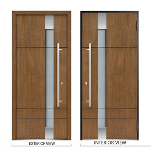 Front Exterior Prehung Steel Door | Top & Right Side Black Glass | Deux 1713 | Natural Oak