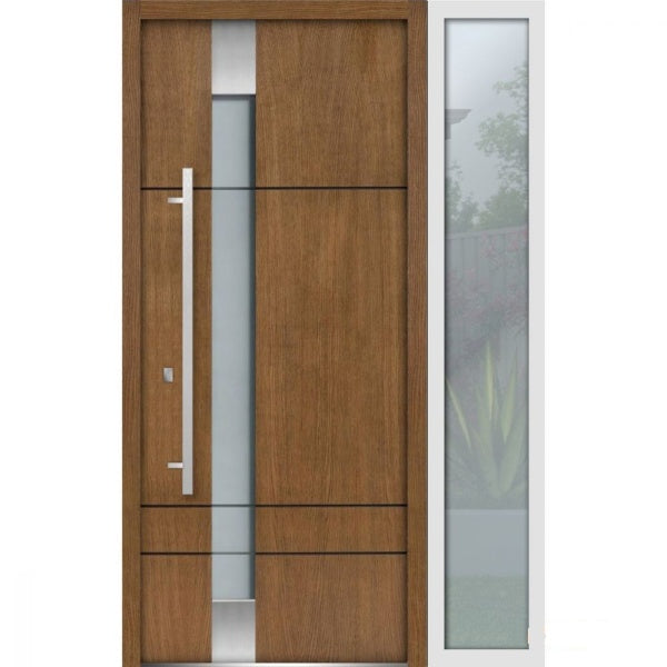 Front Exterior Prehung Steel Door | Right Side White Glass | Deux 1713 | Natural Oak - 36 + 12’’ x 80’’