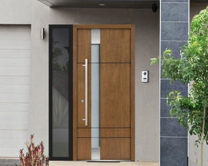 Front Exterior Prehung Steel Door | Left Side Black Glass | Deux 1713 | Natural Oak