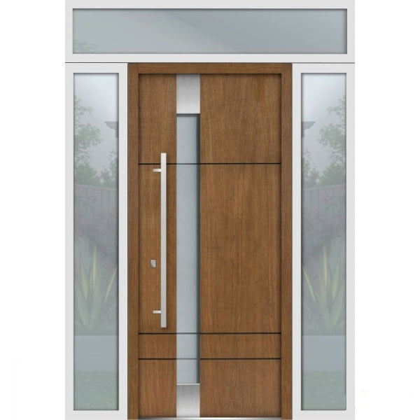 Front Exterior Prehung Steel Door | Top Left & Right Side White Glass | Deux 1713 | Natural Oak - 12 + 36 + 12’’ x