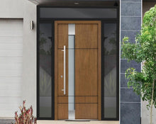 Load image into Gallery viewer, Front Exterior Prehung Steel Door | Top, Left &amp; Right Side Black Glass | Deux 1713 | Natural Oak