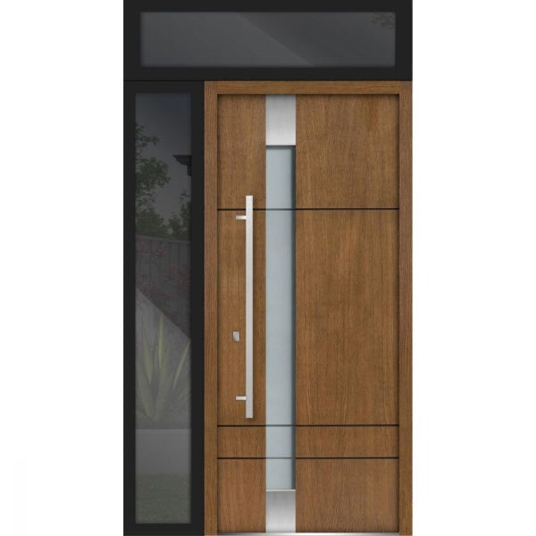 Front Exterior Prehung Steel Door | Top & Left Side Black Glass | Deux 1713 | Natural Oak - 36 + 12’’ x 80