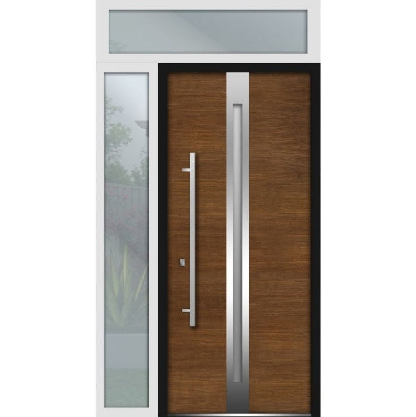 Front Exterior Prehung Steel Door | Top & Left Side White Glass | Deux 1744 | Natural Oak - 48’’ x 96’’