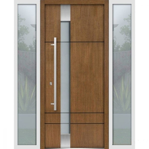 Front Exterior Prehung Steel Door | Left & Right Side White Glass | Deux 1713 | Natural Oak - 12 + 36 + 12’’ x