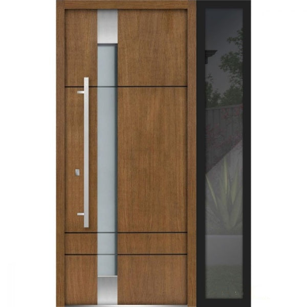 Front Exterior Prehung Steel Door | Right Side Black Glass | Deux 1713 | Natural Oak