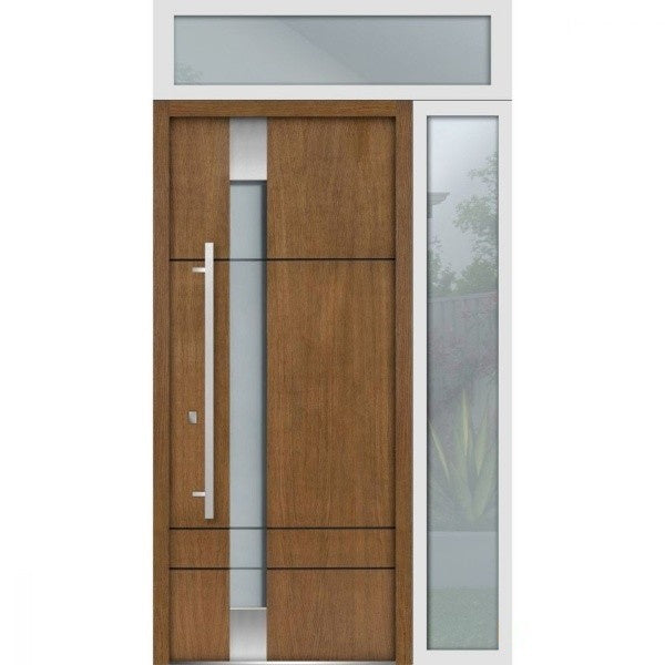 Front Exterior Prehung Steel Door | Top & Right Side White Glass | Deux 1713 | Natural Oak - 36 + 12’’ x 80