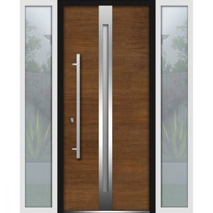 Front Exterior Prehung Steel Door | Left & Right Side White Glass | Deux 1744 | Natural Oak - 12 + 36 + 12’’ x