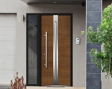 Load image into Gallery viewer, Front Exterior Prehung Steel Door | Left Side Black Glass | Deux 1744 | Natural Oak - Home Doors