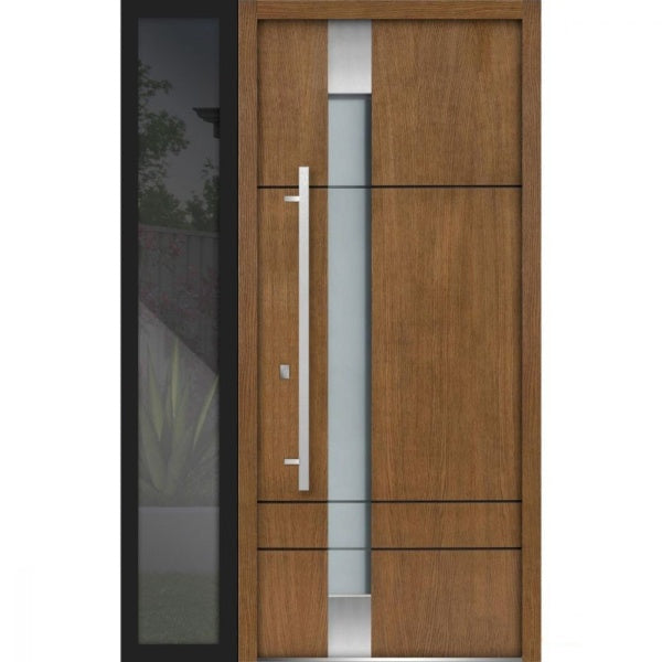 Front Exterior Prehung Steel Door | Left Side Black Glass | Deux 1713 | Natural Oak