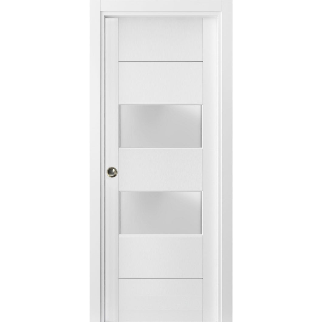 Sliding French Pocket Door Frosted Glass | Lucia 4010 | White Silk - 18’’ x 80’’ - Home Doors