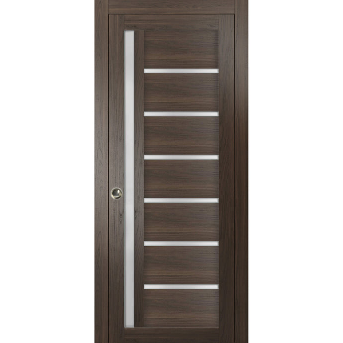 Sliding French Pocket Door Frosted Glass | Quadro 4088 | Chocolate Ash - 18’’ x 80’’ - Home Doors