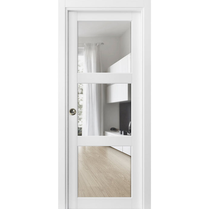 Sliding French Pocket Door 3 Lites | Lucia 2555 | White Silk - Clear Glass) 18’’ x 80’’ - Home Doors