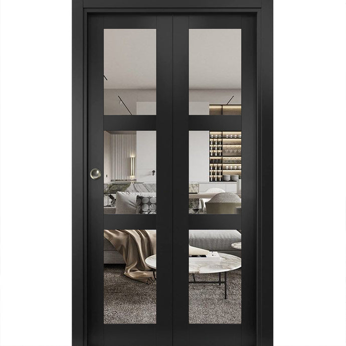 Sliding Closet Bi-fold Doors | Lucia 2555 | Matte Black with Clear Glass - 36’’ x 80’’ (2* 18x80) - Home